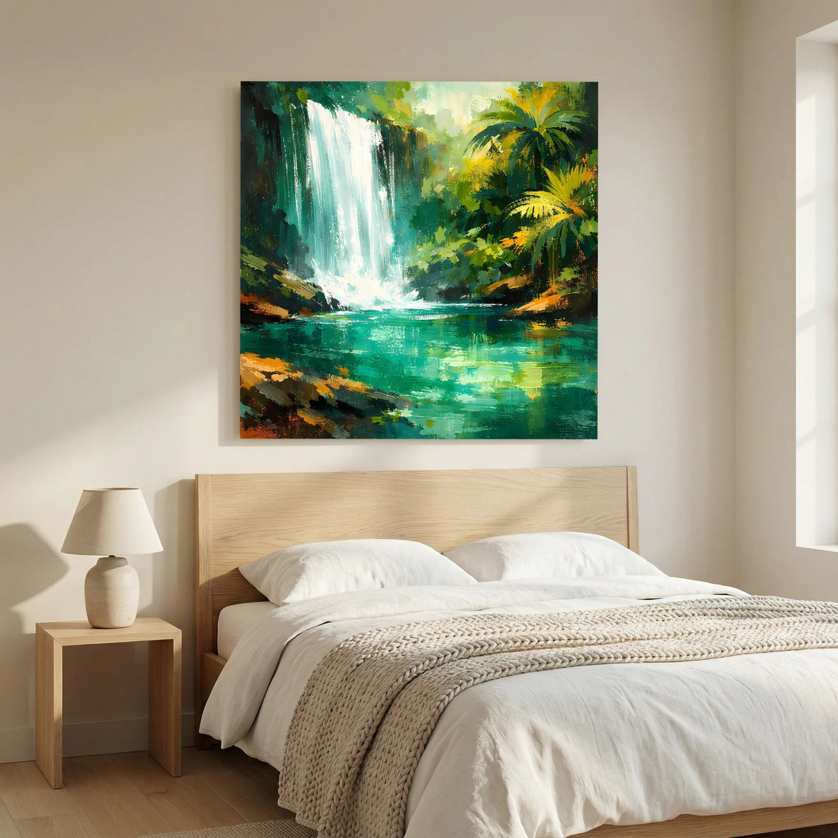 Leinwand-Wandbild mit Wasserfall im Dschungel, türkis-grünem Gewässer und Palmen