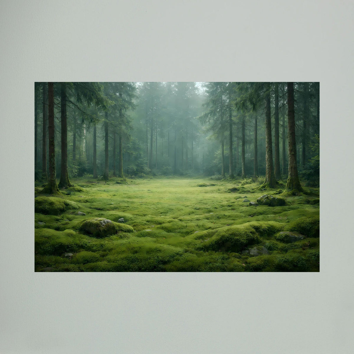 Wandbild Querformat: Waldweg im Nebel, bedeckt mit dichtem grünem Moos.