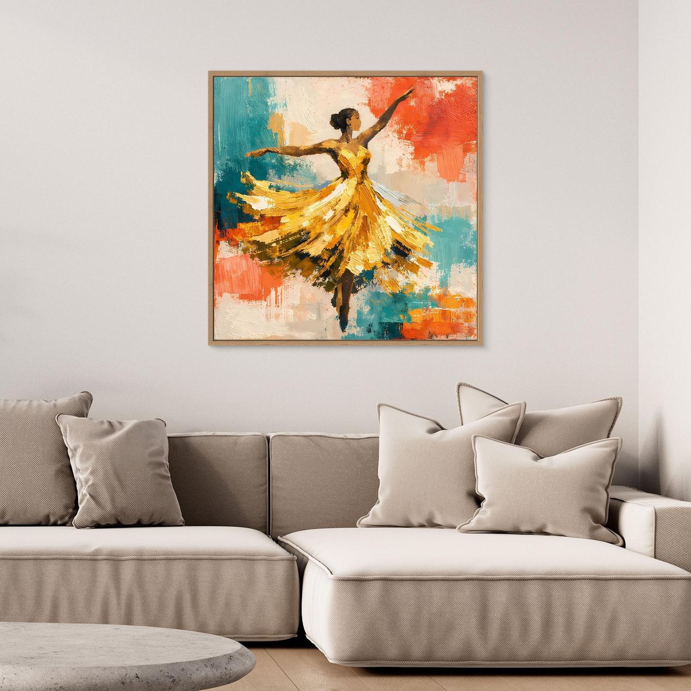 Leinwand-Wandbild mit abstrakter Tänzerin, gemischte Pinselstriche und kräftige Farbfelder