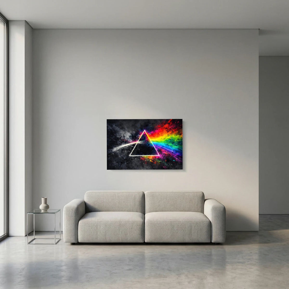 Wandbild im Querformat: Prisma-Dreieck mit Regenbogenverlauf auf dunklem Hintergrund