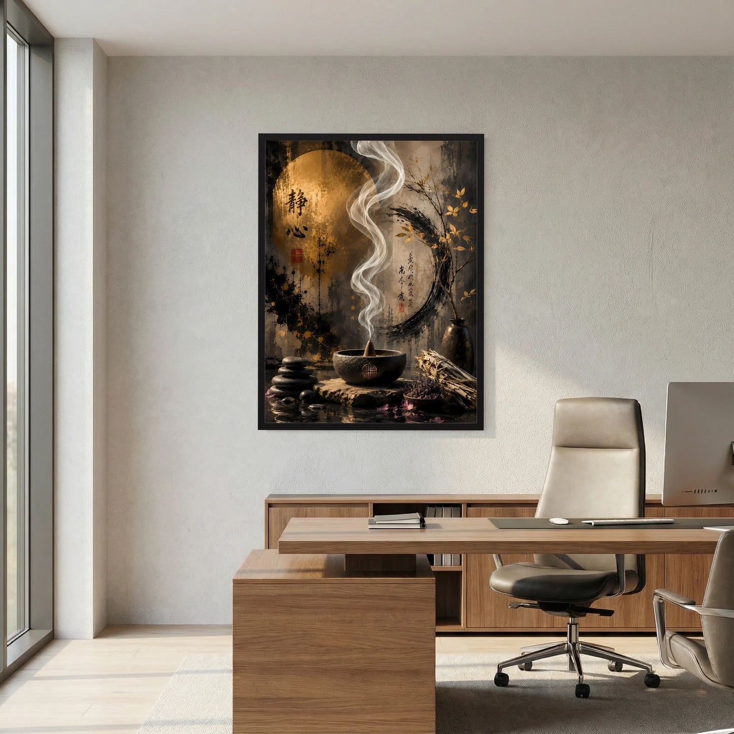 Poster im Rahmen: goldenes Kreis-Motiv mit Rauchwirbel, Räucherschale und Deko