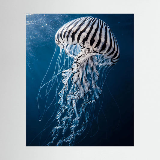 Poster mit Qualle, Detail im schwarzen Rahmen: weiß gestreifte Qualle vor blauem Untergrund