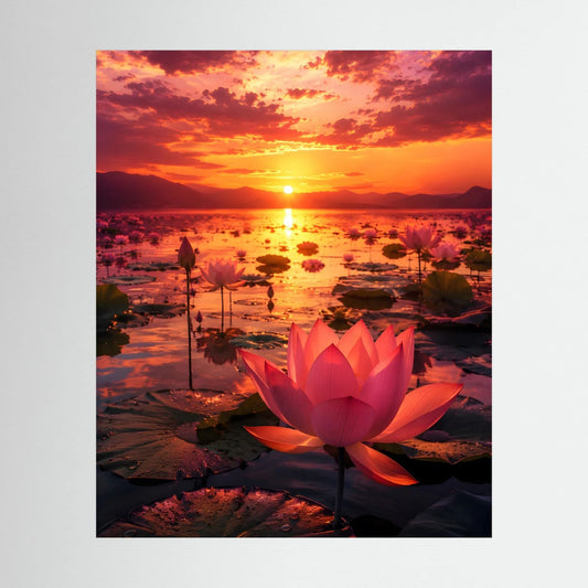 Hochformatige Wandkunst mit rosa Lotusblüte im Sonnenuntergang über Wasser