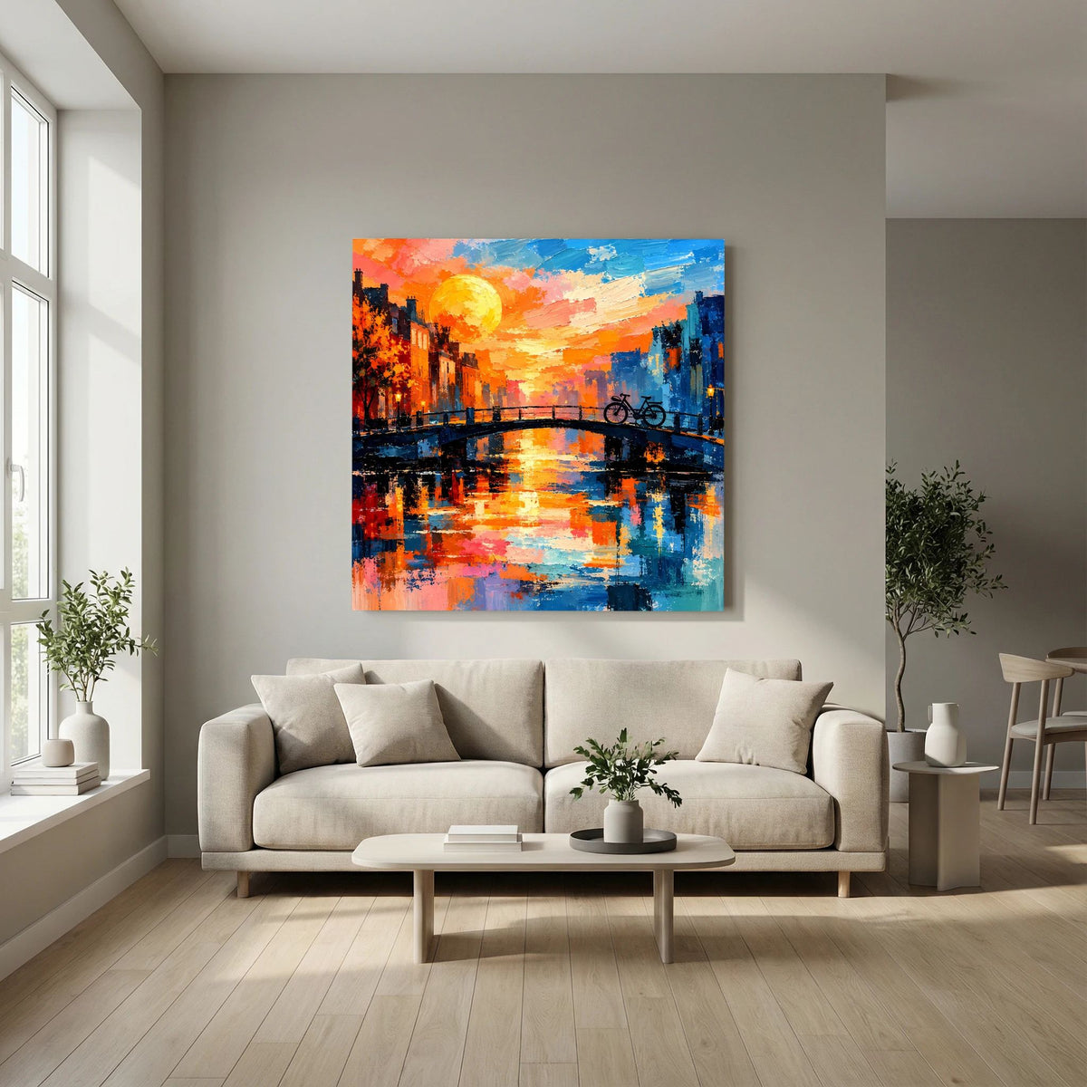 Leinwand Abstraktes Amsterdam Gemälde | Modernes Romantisches Grachten Wandbild mit Fahrrad