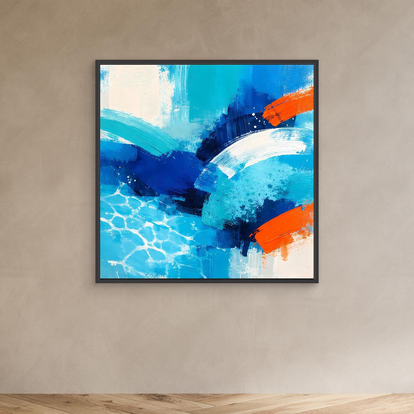 Small abstract sea wave canvas wall art in blue with orange accents, black frame