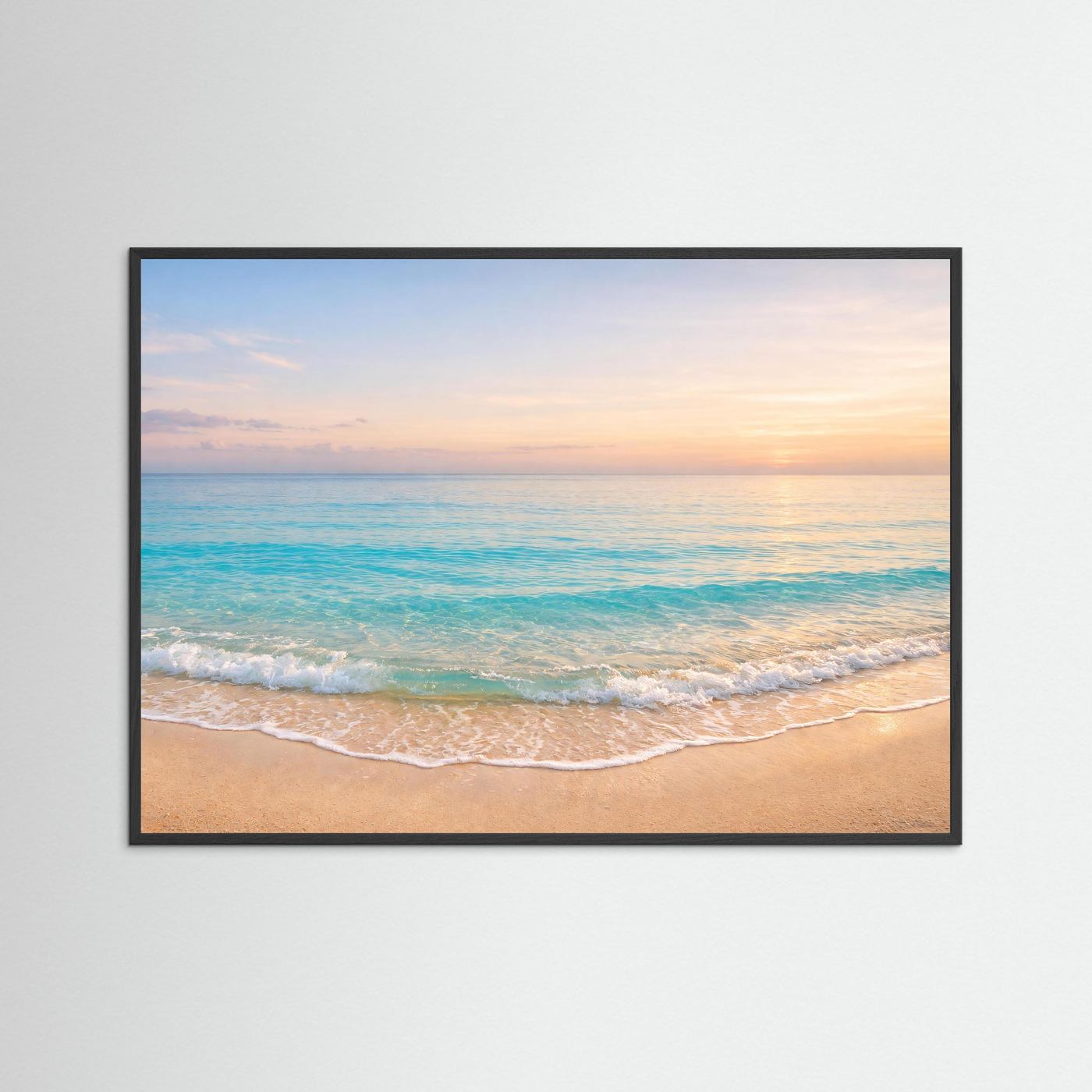 Poster mit Strand- und Meerbild im Querformat, schwarzer Rahmen