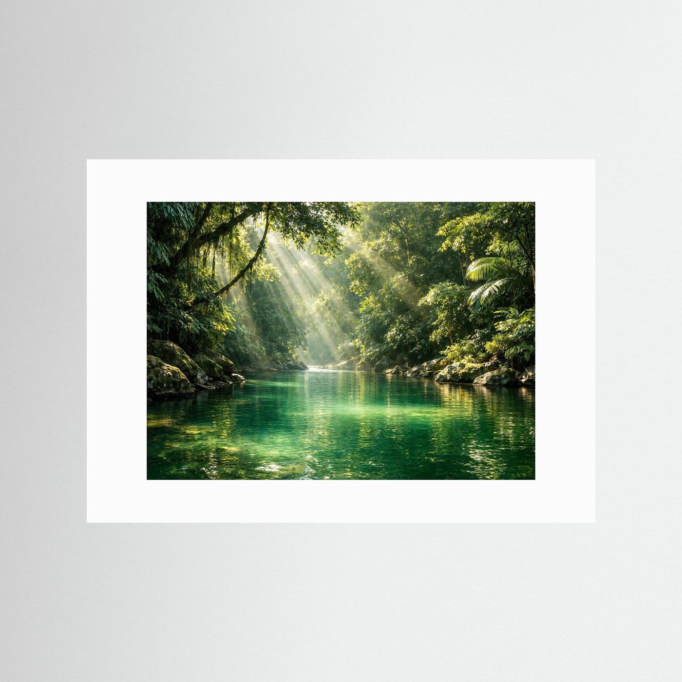 Poster mit Dschungel-Flusslandschaft und weißem Rand, ohne Rahmen