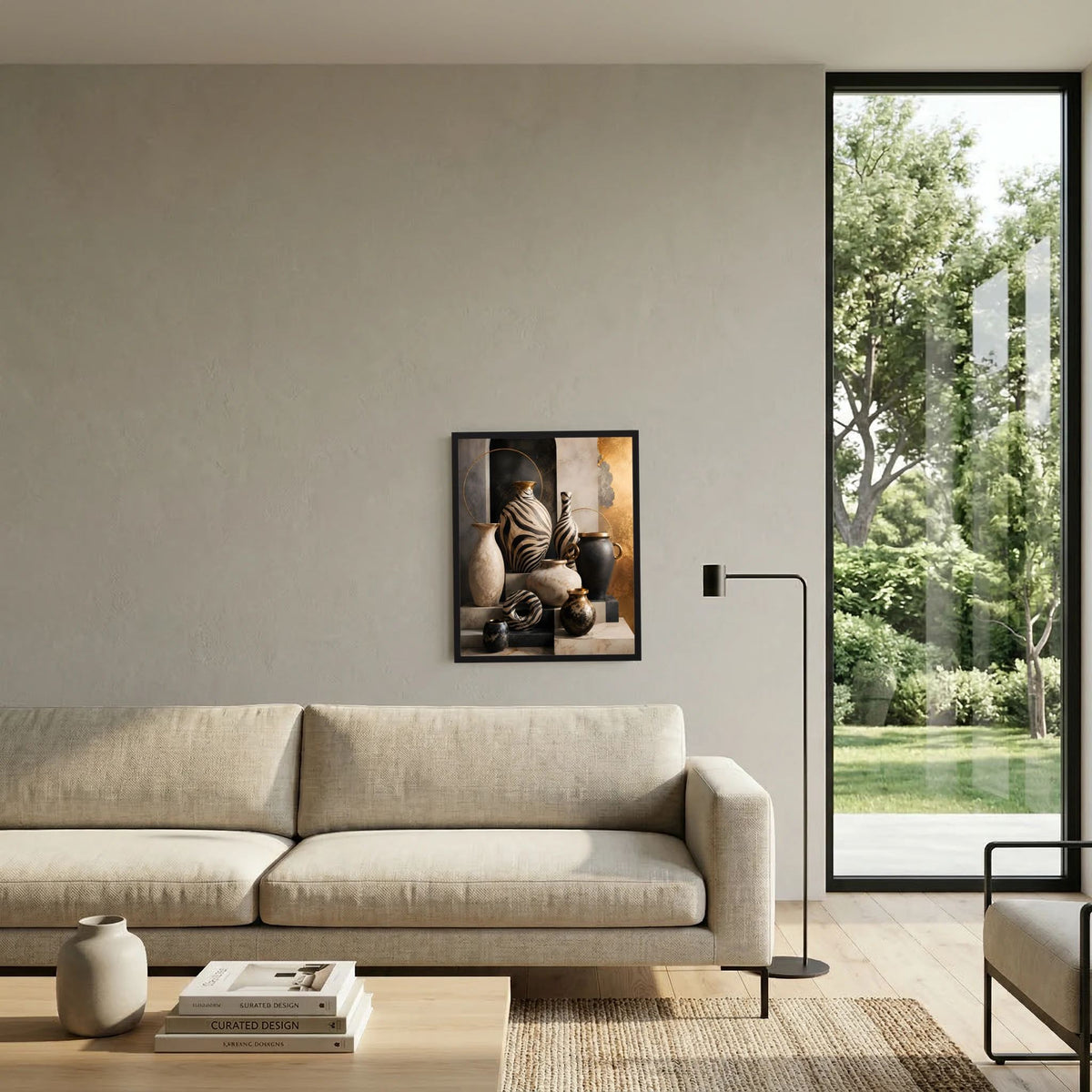 Gerahmtes Hochformat-Wandposter mit Zebra-Vasen-Motiv in Schwarz, Weiß und Gold