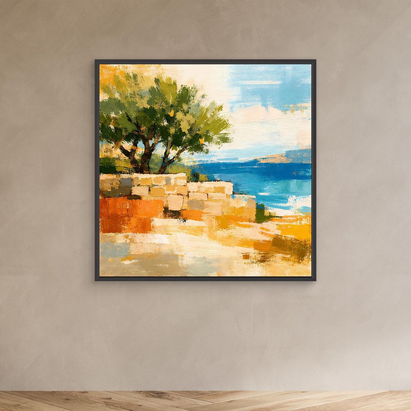 Leinwand Olivenbaum an der Mittelmeerküste | Abstraktes Natur Strand Wandbild