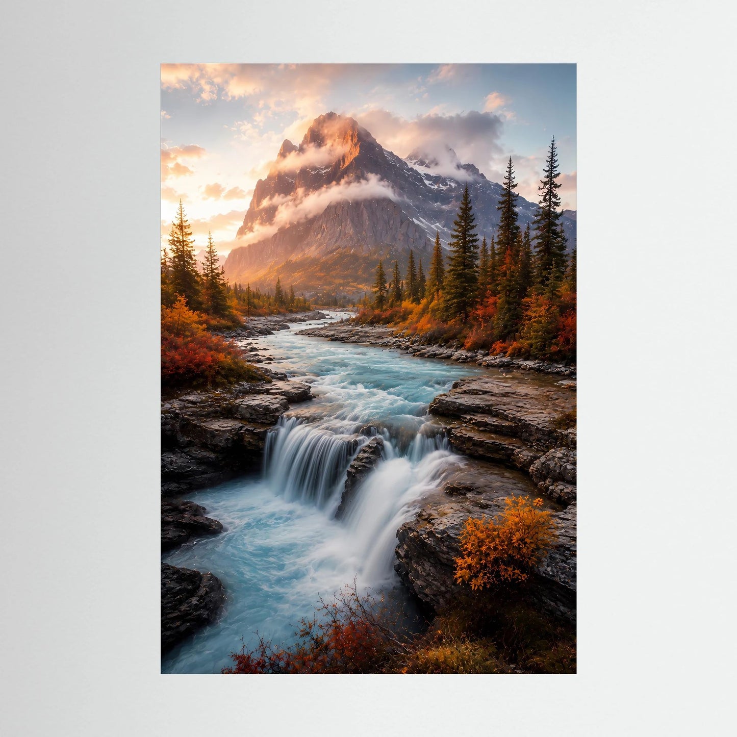 Hochformat-Poster mit Wasserfall, blauem Fluss und Berglandschaft im Herbstlicht