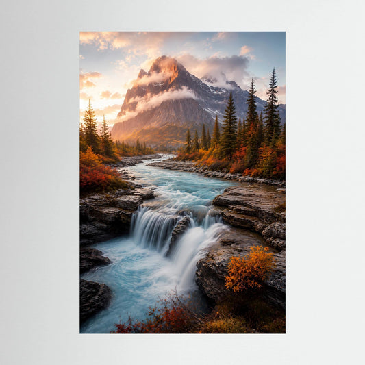 Hochformat-Poster mit Wasserfall, blauem Fluss und Berglandschaft im Herbstlicht