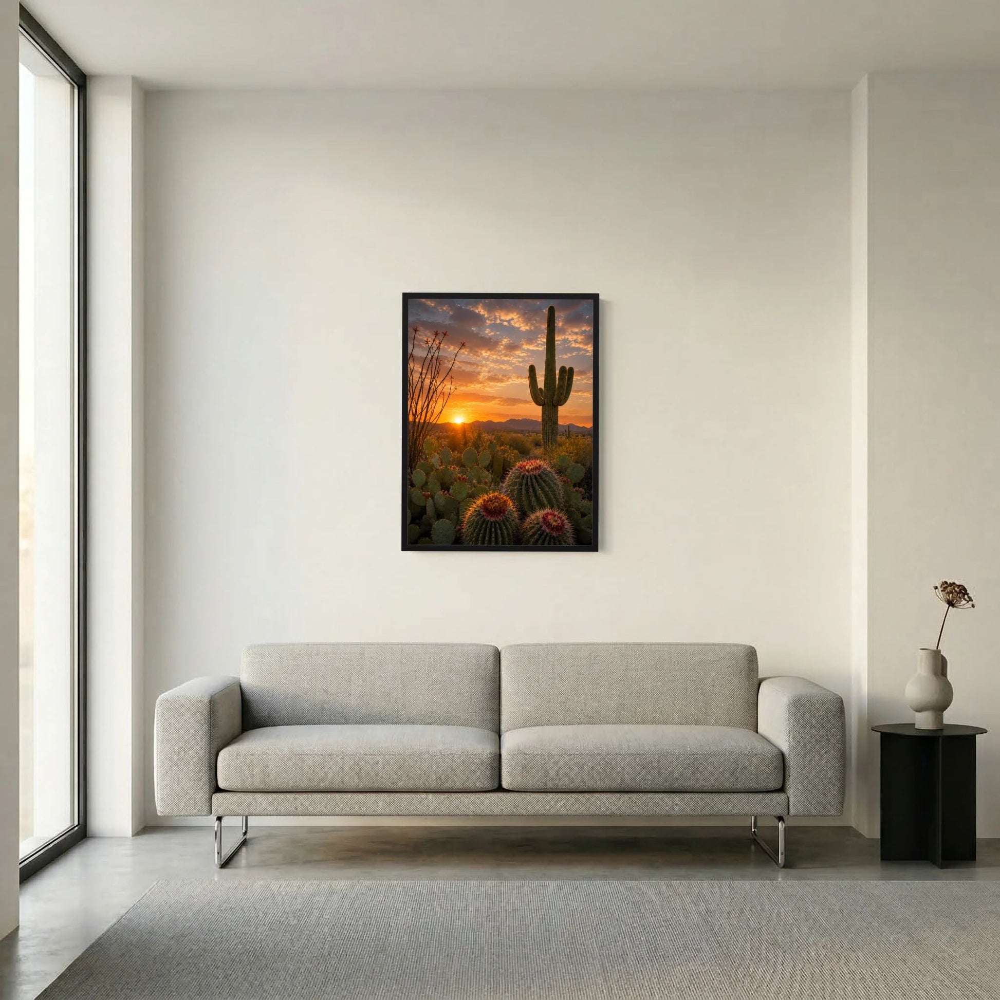 Gerahmtes Poster im Hochformat mit Kakteen und Sonnenuntergang in warmen Farbtönen