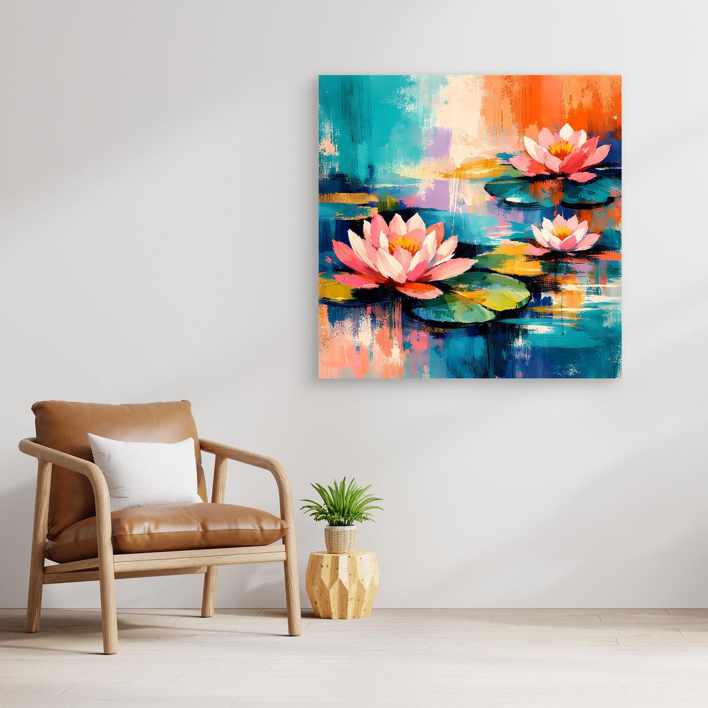 Leinwandbild mit abstrakten Seerosen, pink-orangefarbenen Blüten und Wasserspiegelung