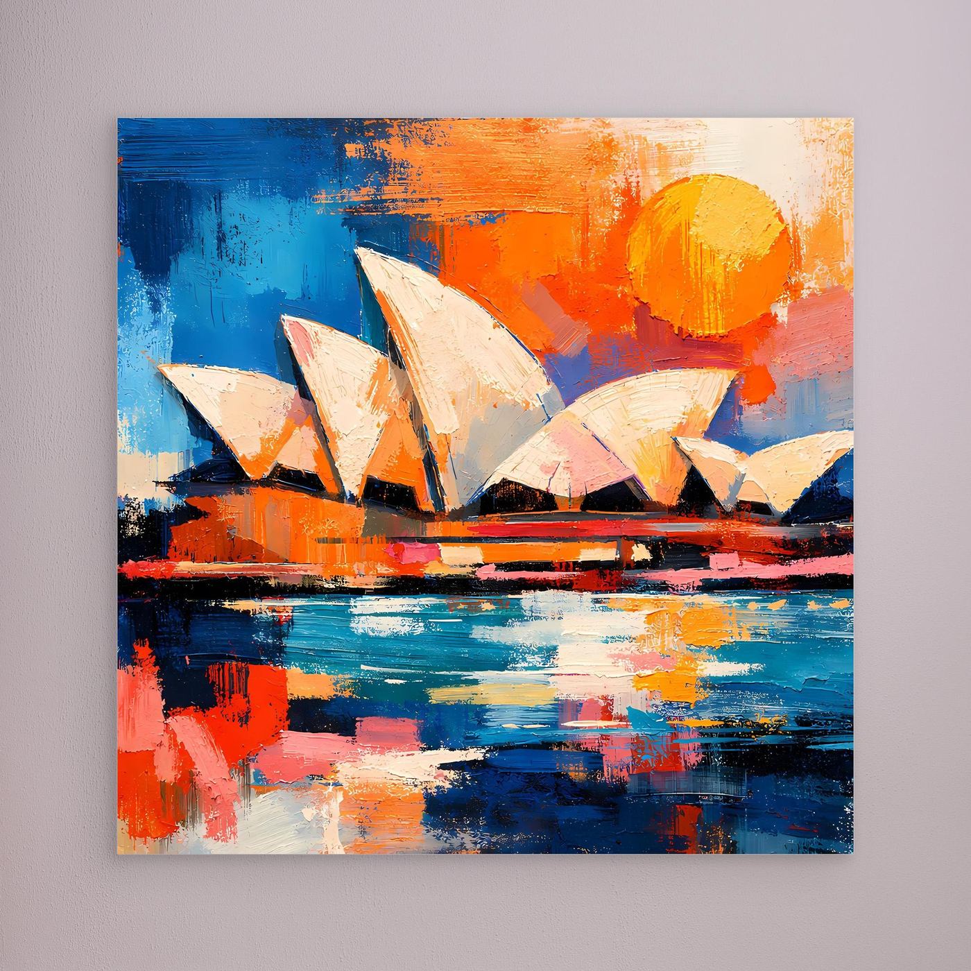 Abstract architecture wall art print, frameless view with blue and orange sunlit harbor