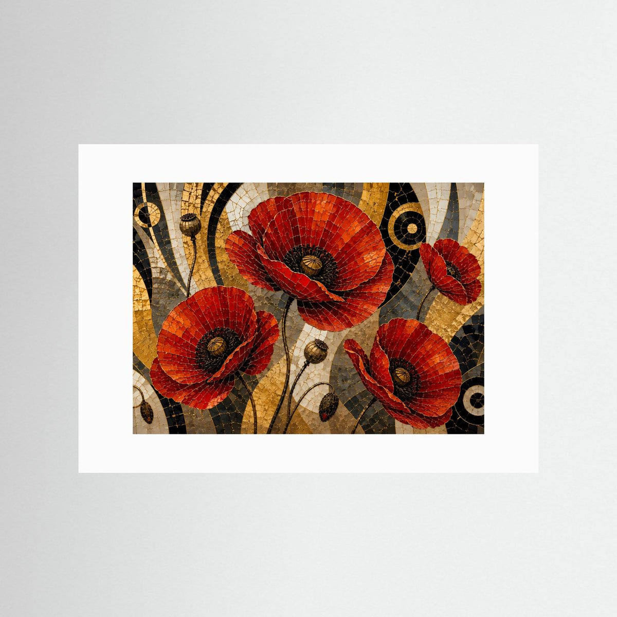 Querformat-Poster mit Mohnblumen im Mosaikstil in Rot, Schwarz und Gold, weißes Passepartout