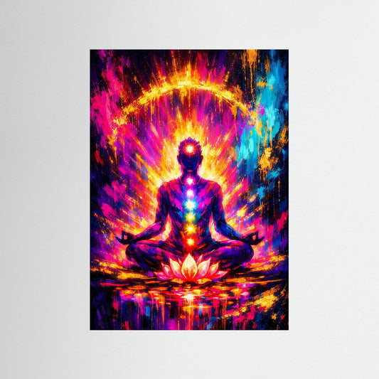 Meditationsposter: sitzende Figur im Lotussitz mit leuchtender Aura und Lotusblüte, schwarzer Rahmen