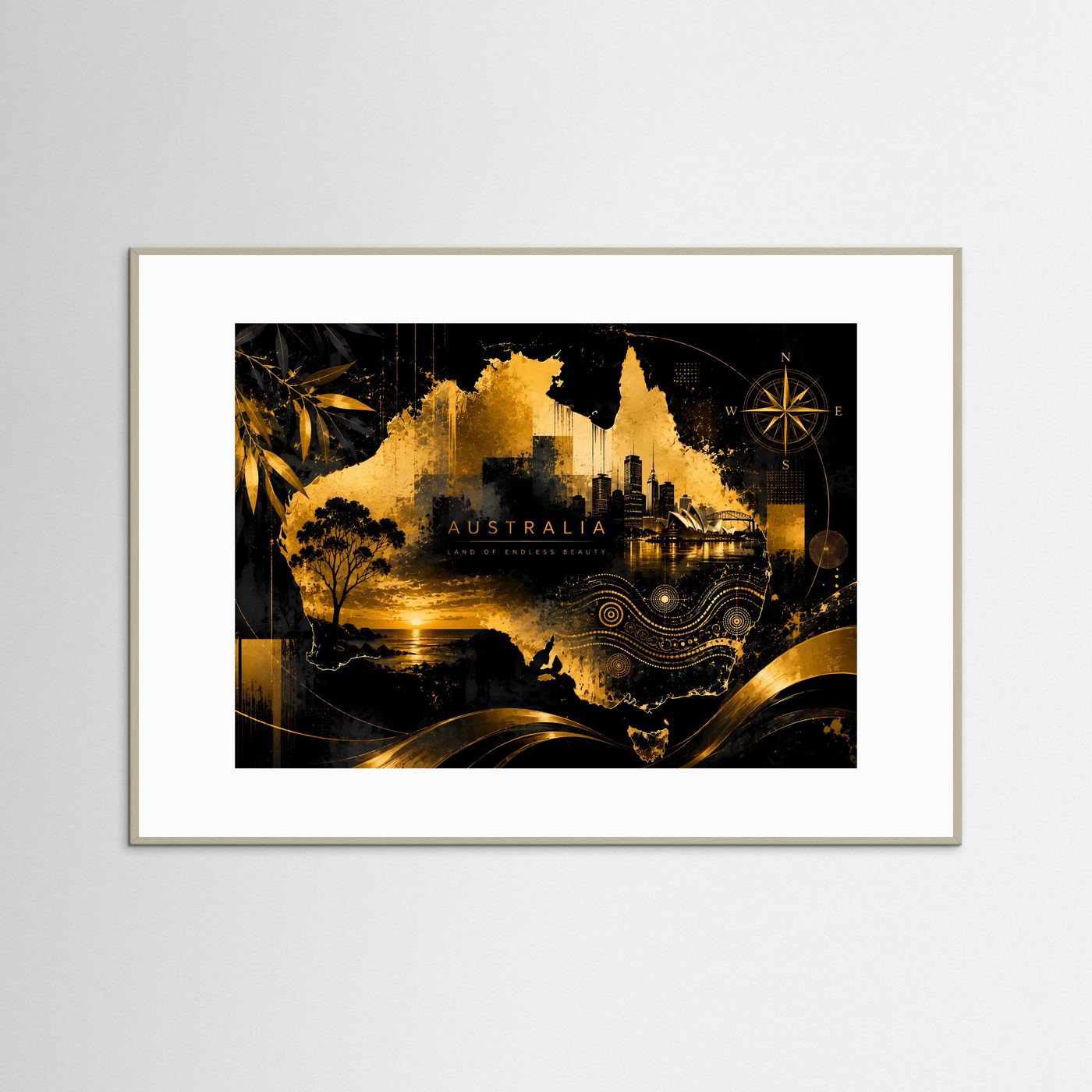 Querformat-Poster mit schwarzem Goldmotiv „Australien“ im hellen Rahmen