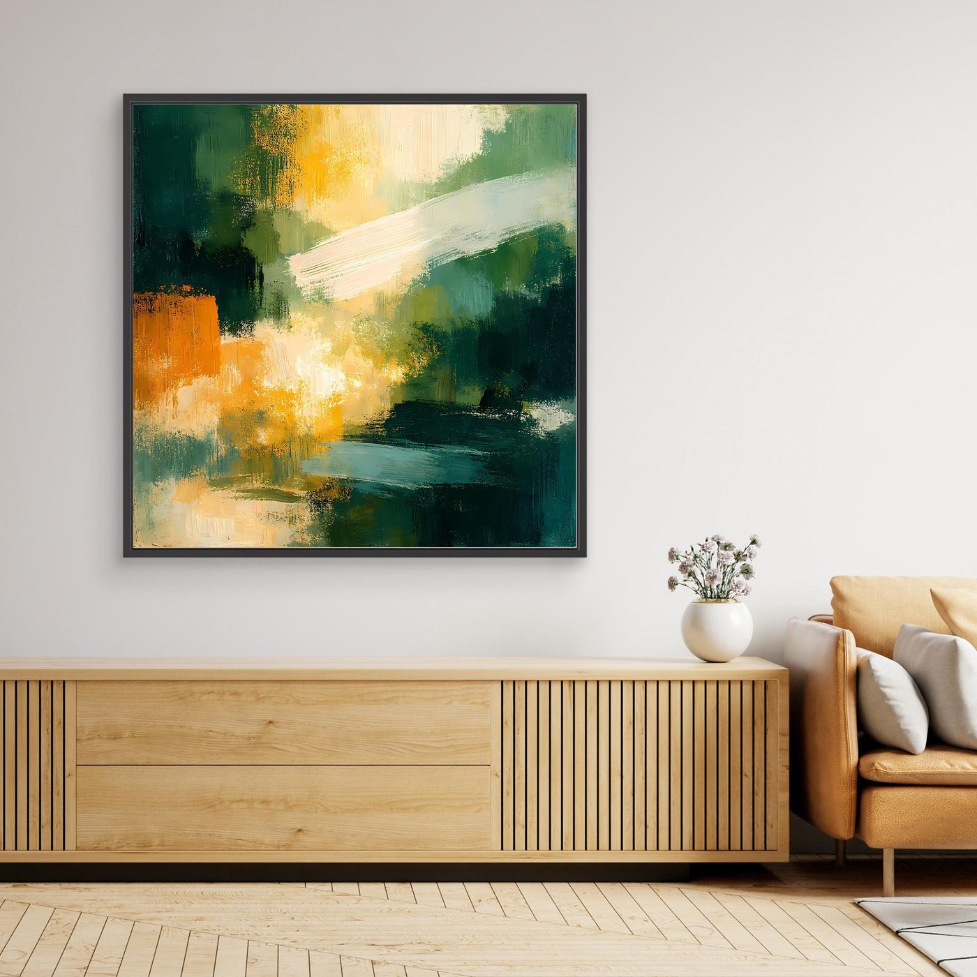 Gerahmtes abstraktes Wandbild, grün-oranges Farbmuster mit breiten Pinselstrichen