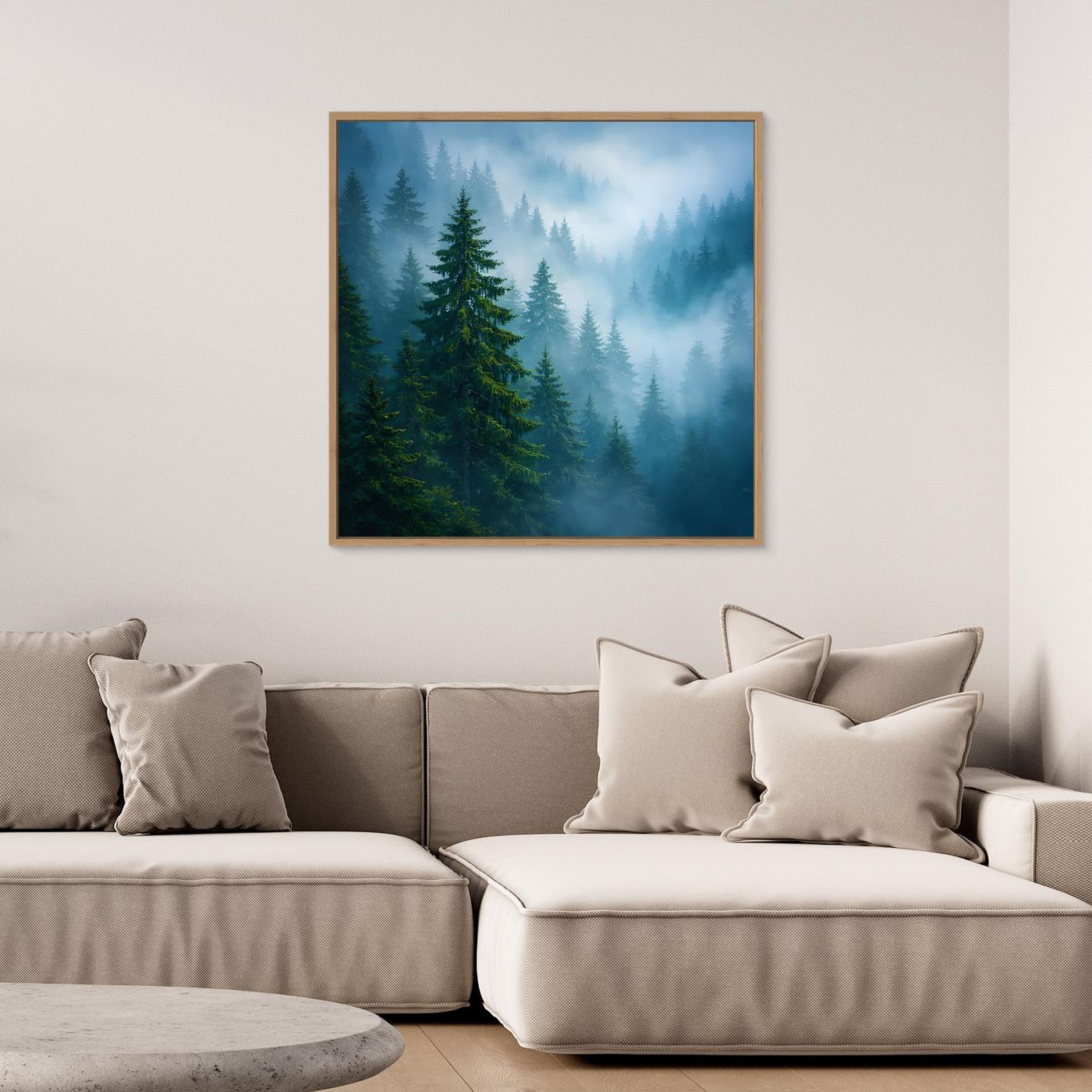 Leinwandbild mit Tannenwald-Motiv und Nebel, rechteckig, Holzrahmen in Eiche