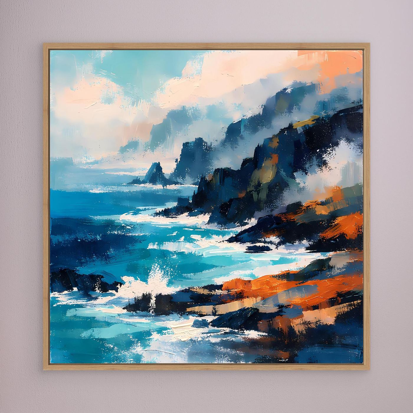 Abstraktes Leinwand-Wandbild mit Ozean und Klippen, türkis-blau/orange, Holzrahmen