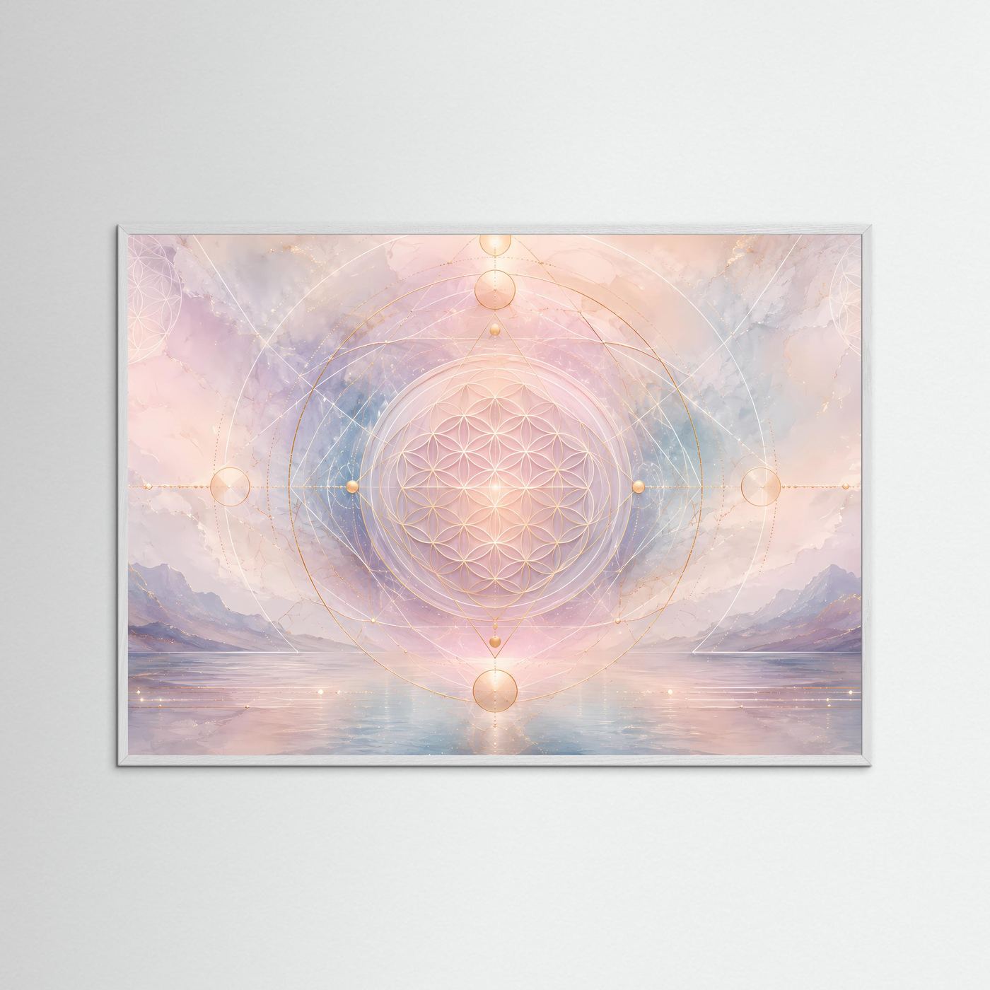 Gerahmtes Poster: Blume-des-Lebens-Mandala in Pastellrosa und Blau, weiße Holzrahmung.