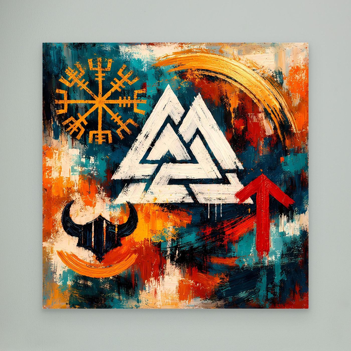 Leinwand-Wandbild ohne Rahmen mit Wikinger-Motiven: Valknut, Runen und roter Pfeil