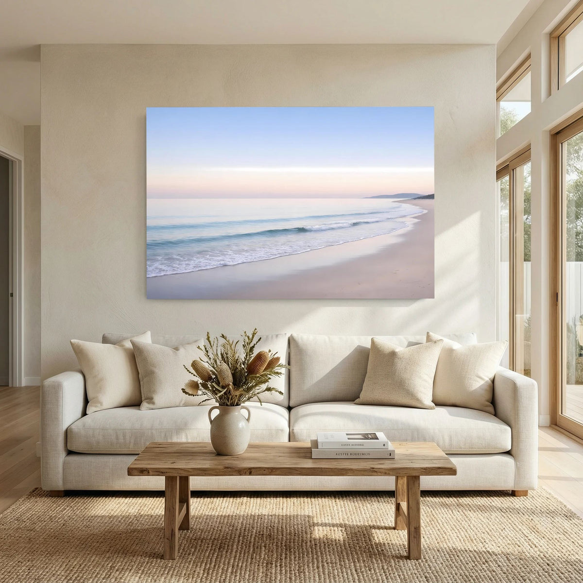 Meerstrand-Wandposter querformatig mit Strandlinie, zarten Pastelltönen und Wellen