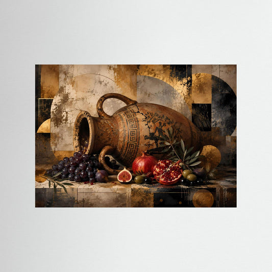 Poster mit brauner Amphore, Granatapfel und Trauben in dunkelbraunem Rahmen