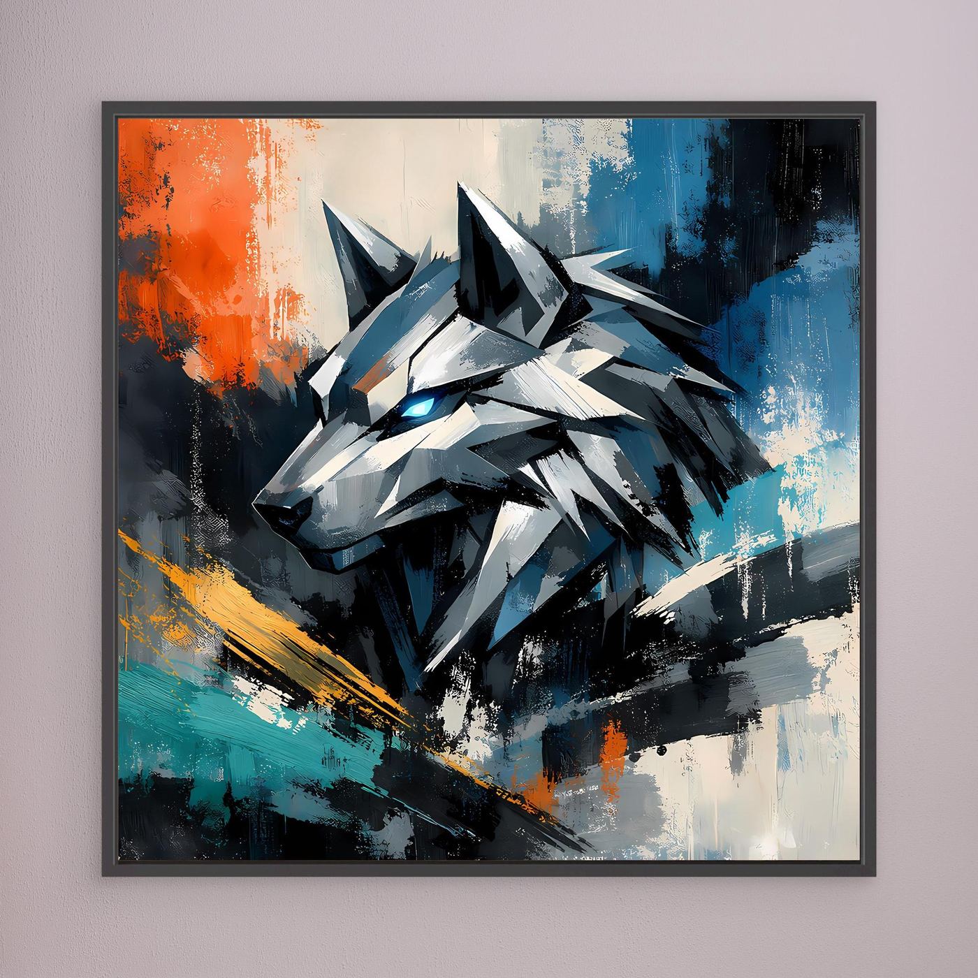 Leinwand-Wandbild mit geometrischem Cyber-Wolf, schwarzer Rahmen