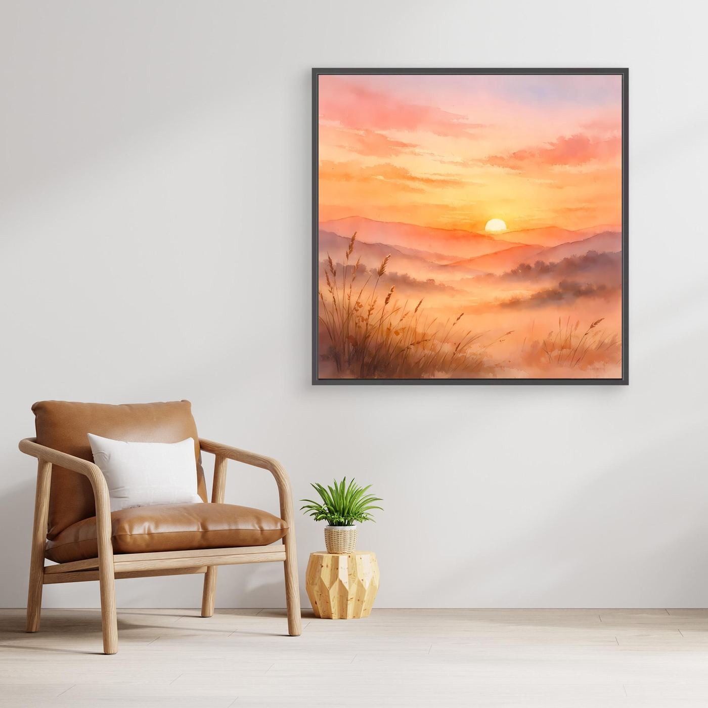 Leinwandbild mit schwarzem Rahmen, abstrakter warmoranger Sonnenuntergang über Bergen und Schilf