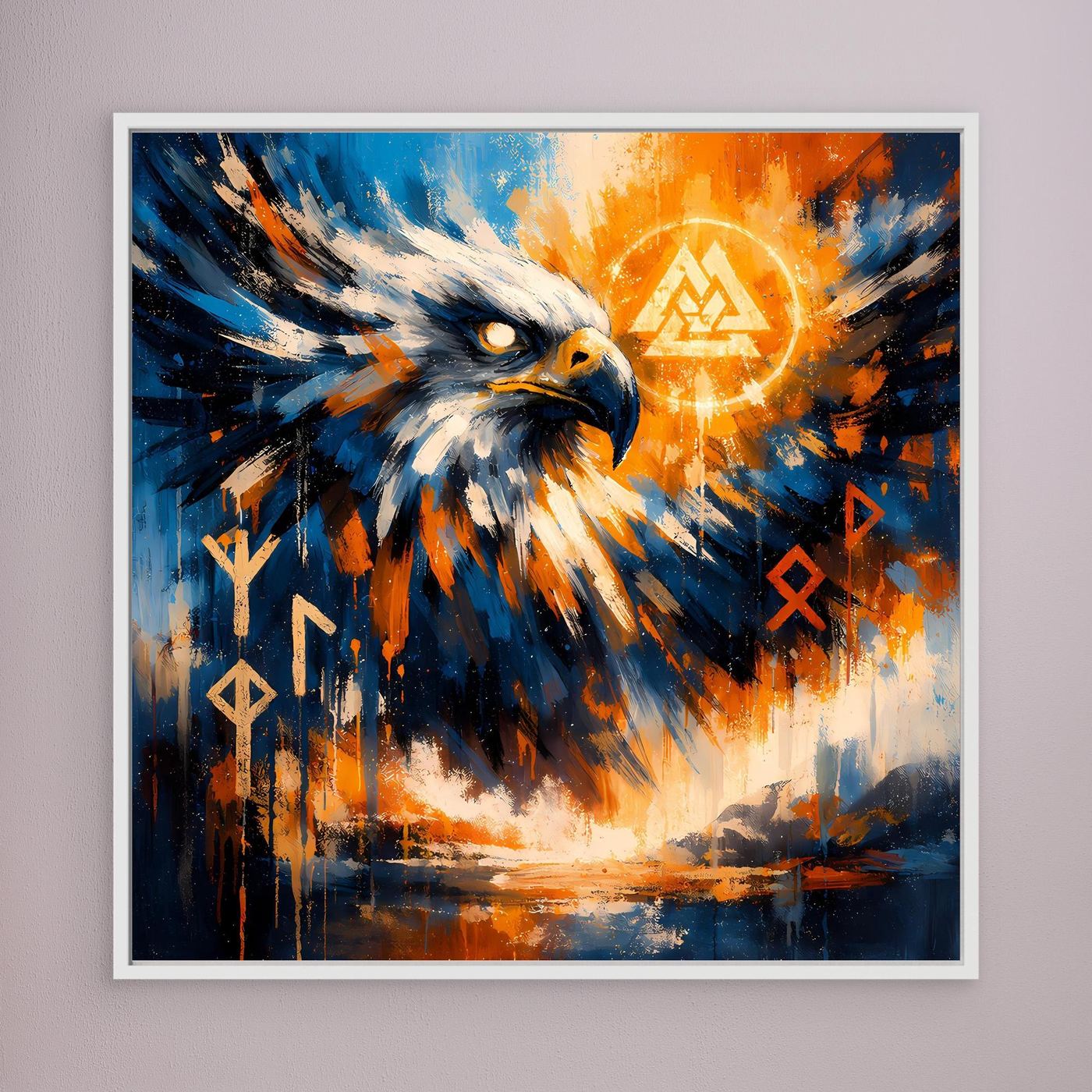 Abstraktes Adler-Leinwandbild in Blau-Orange mit Sonnensymbol und Runen im weißen Rahmen
