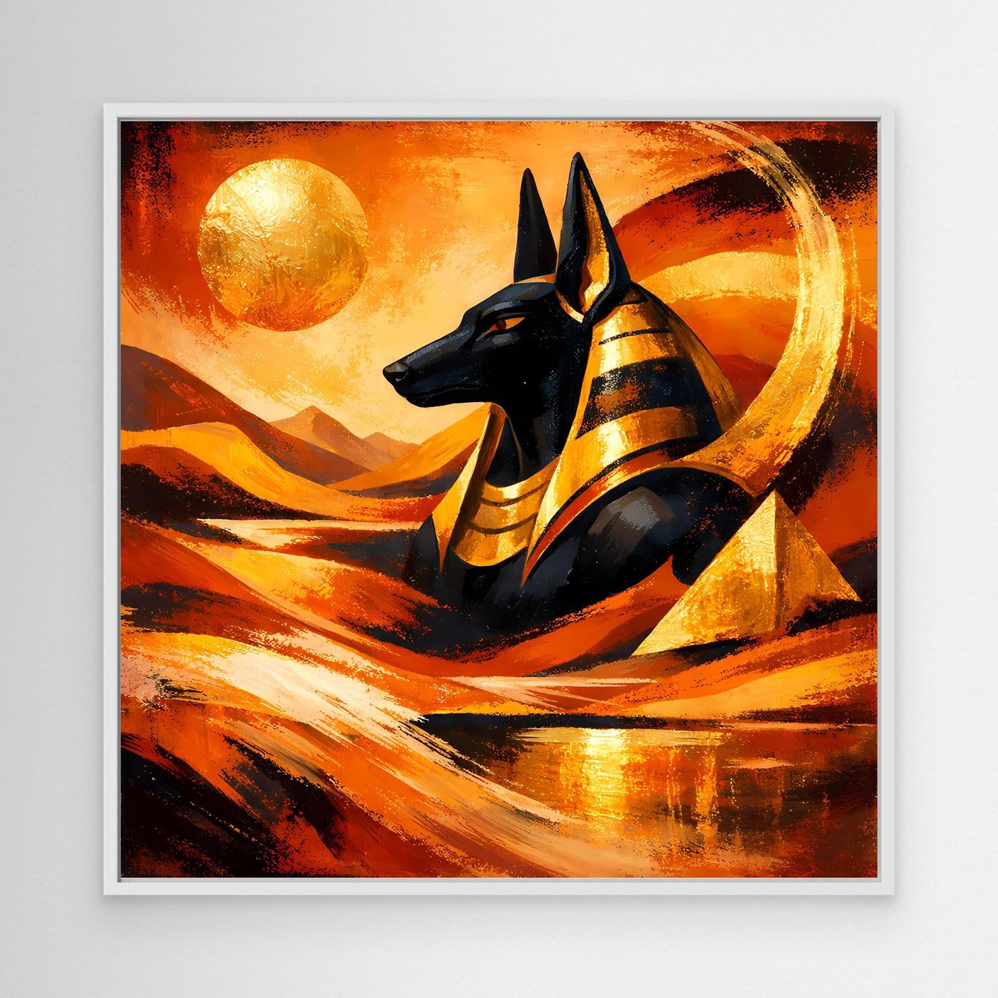 Leinwandbild mit schwarzem Anubis im Wüstenstil, mit weißem Rahmen, Gold und Orange