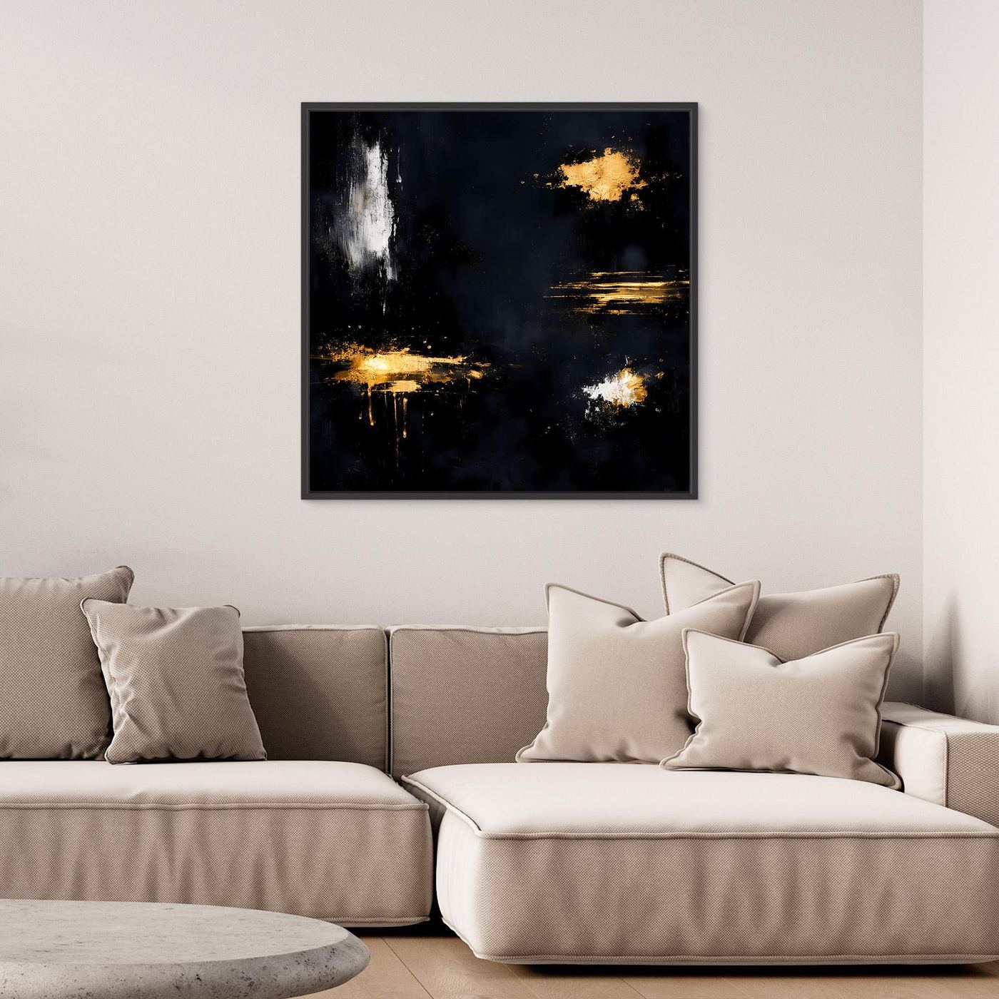 Leinwand Goldene Lichtakzente auf Schwarz | Modernes Abstraktes Minimalismus Wandbild