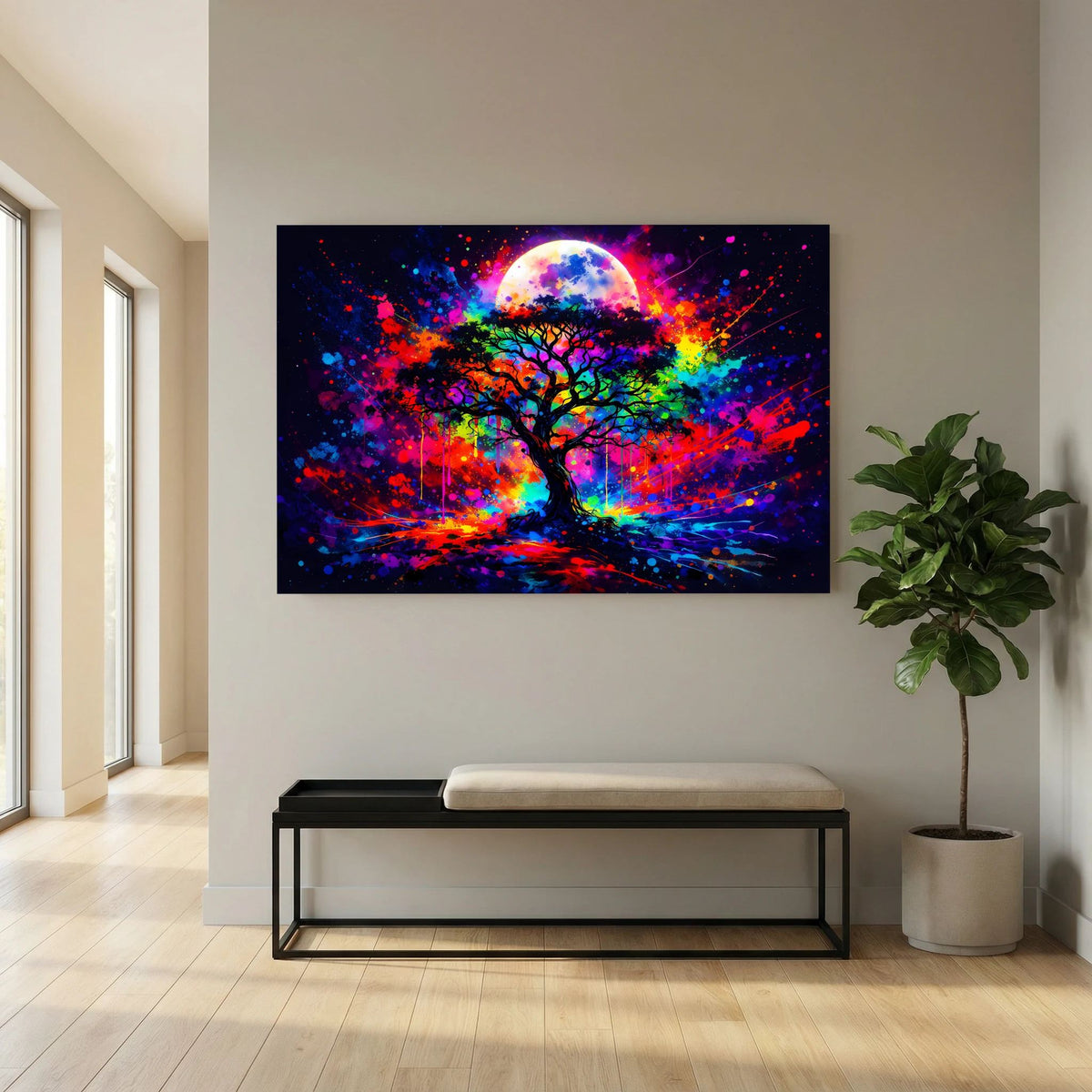 Neon-Wandbild mit Baum und Vollmond, leuchtende Farbexplosionen, querformat, schwarzer Rahmen