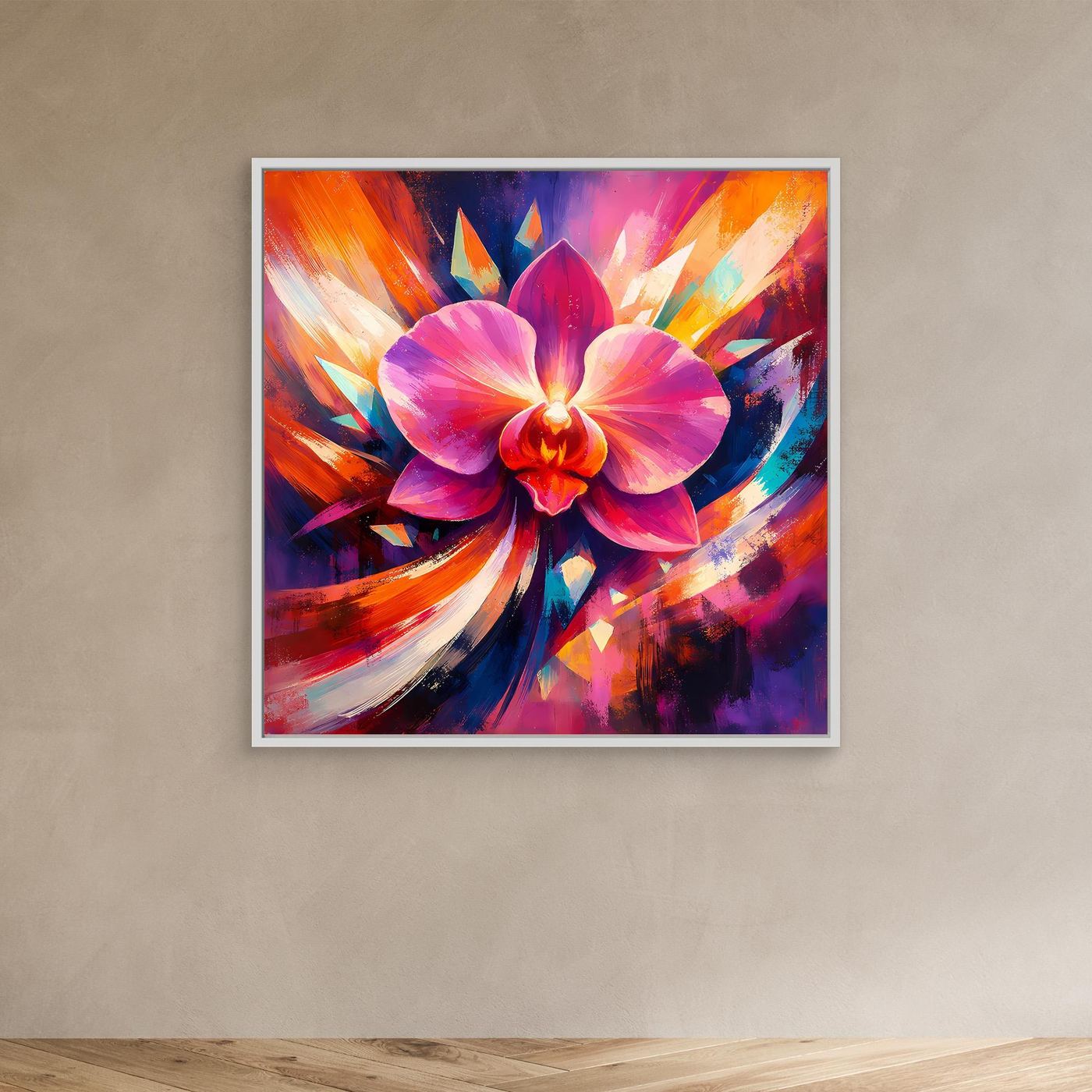 Leinwandbild mit abstrakter Orchidee in Pink und Lila, weißer Rahmen