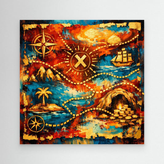 Leinwandbild mit Schatzkarte: Kompassrose, X-Markierung, Knotenpfade und Schiffsboot