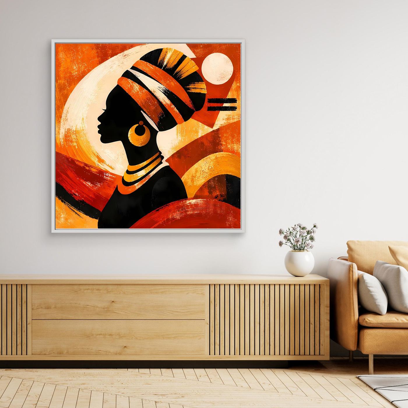 Leinwandbild mit afrikanischer Frau, orange-goldener Abstraktion, weißem Rahmen