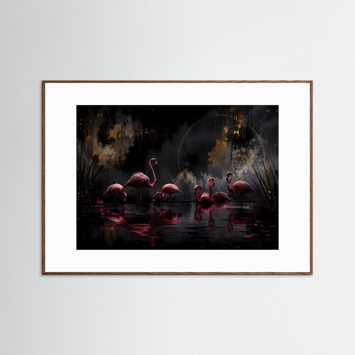Flamingos in der Dunkelheit | Elegante Schwarz-Gold Wandkunst mit Pink – Modernes Poster Querformat