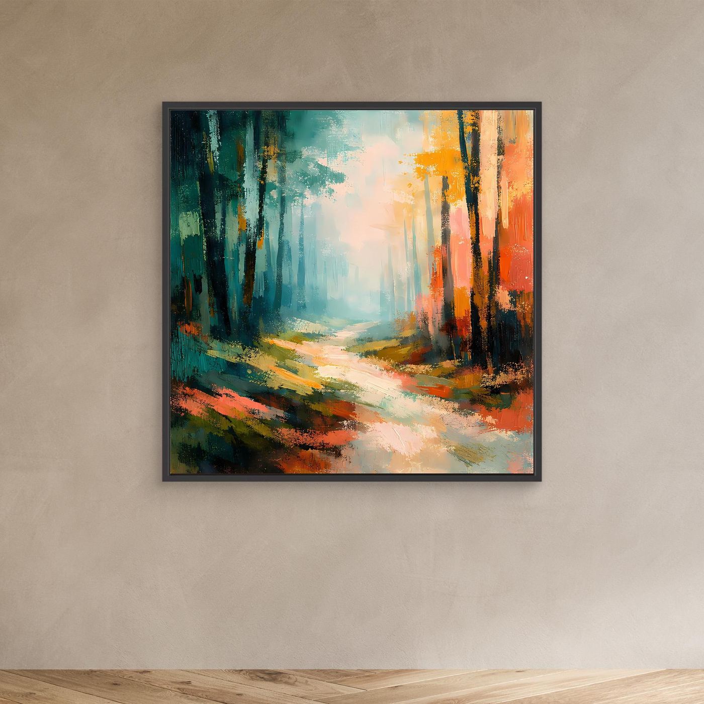 Abstraktes Leinwand-Wandbild Waldweg in Blau-Grün und Orange, mit schwarzem Rahmen