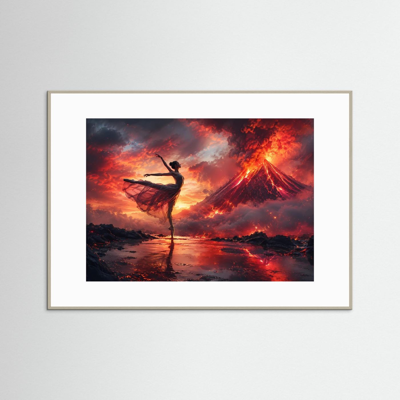 Ballerina Vulkan Poster | Tänzerin vor eruptierendem Vulkan | Dramatische Tanz Wandkunst | Moderner Kunstdruck