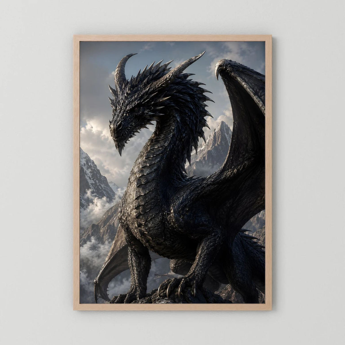 Fantasy-Drachenposter mit schwarzem Drachen in Berglandschaft, Eichenrahmen