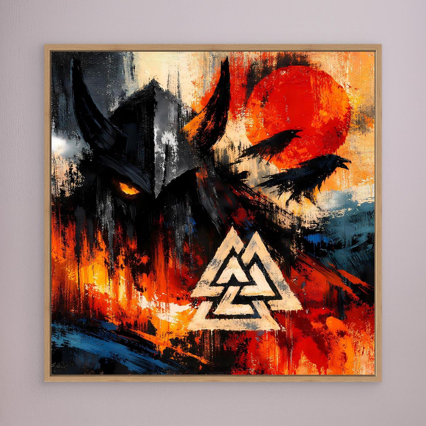 Wandbild im Holzrahmen mit schwarzem Vogel, roter Sonne und weißem Valknut-Symbol