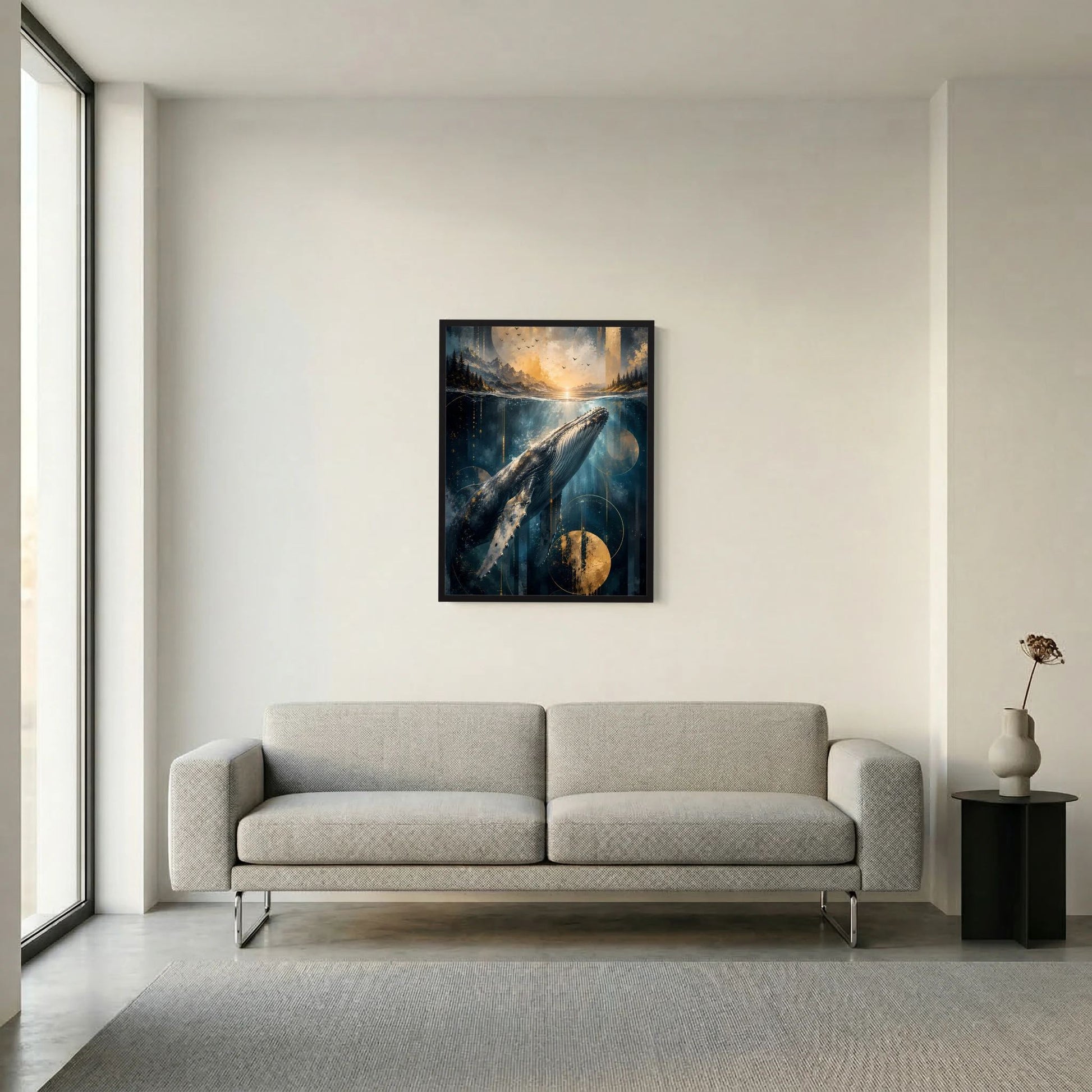 Hochformat-Poster mit schwarzem Rahmen: Wal im Meer, Blau- und Goldfarben