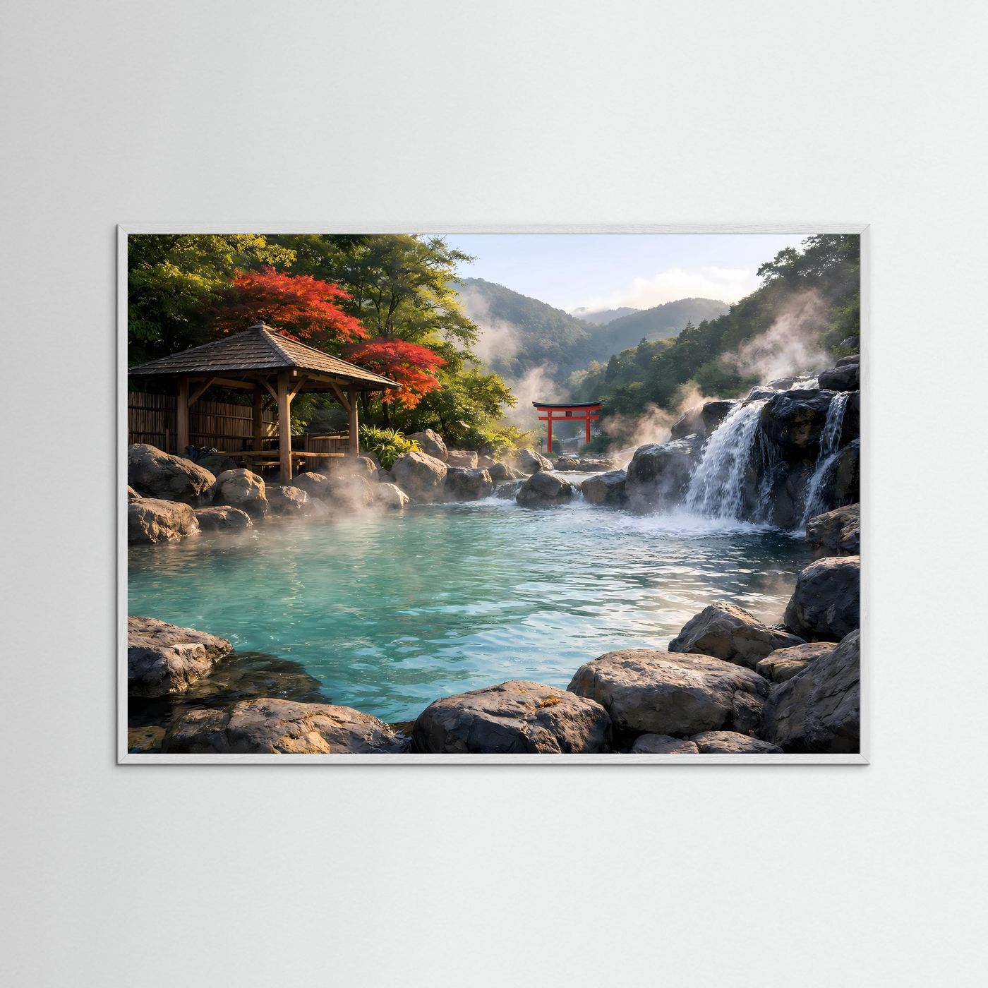 Wellness-Poster mit Torii, Wasserfall und türkisfarbenem Becken im weißen Rahmen