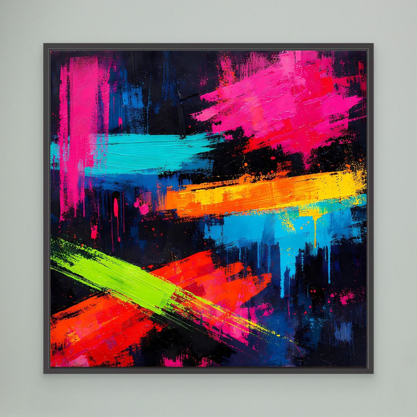 Abstraktes Leinwand-Wandbild mit schwarzem Rahmen, Neonstreifen in Pink, Blau, Grün und Gelb