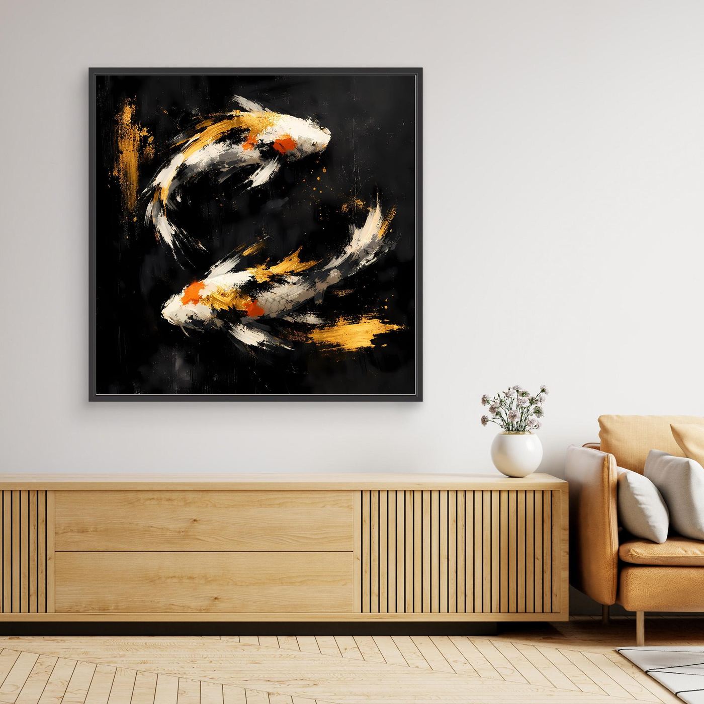 Leinwand Abstrakte Koi-Fische in Gold und Orange | Modernes Yin Yang Wandbild