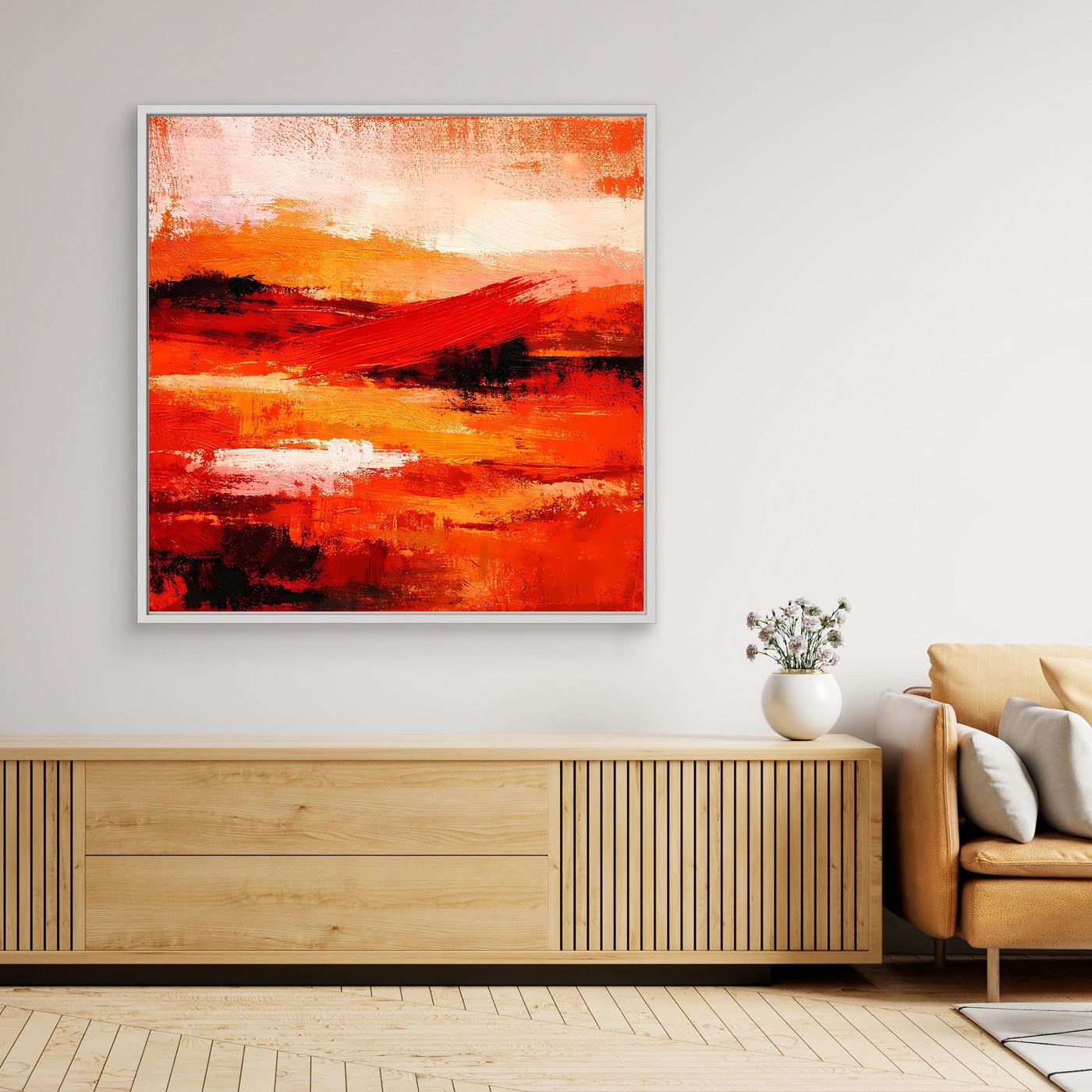 Abstraktes Leinwand-Wandbild im Hochformat, rot-orange Farbfelder, weißer Rahmen