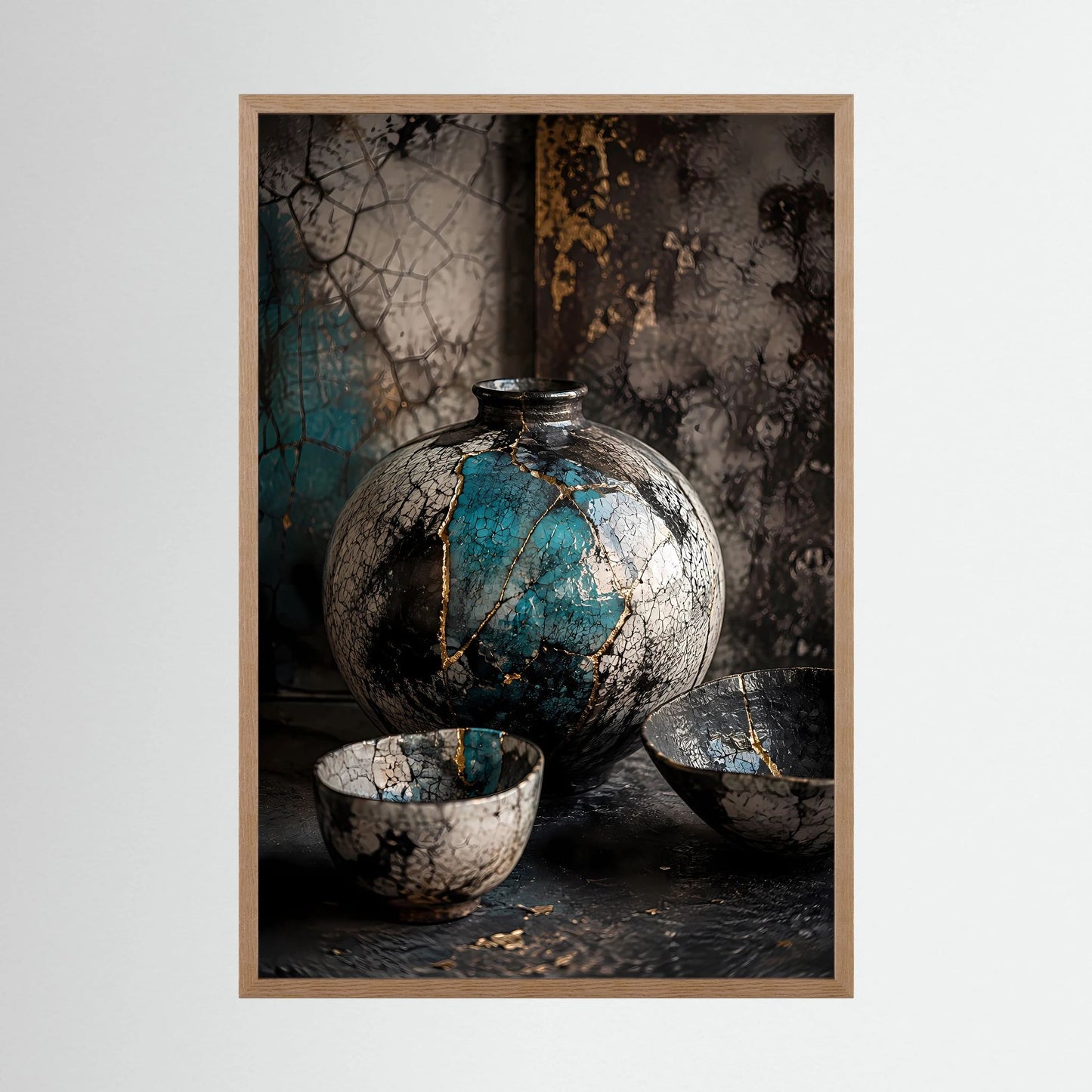 Eichefarben gerahmtes Poster im Hochformat mit türkis-goldener Keramikvase und Schalen