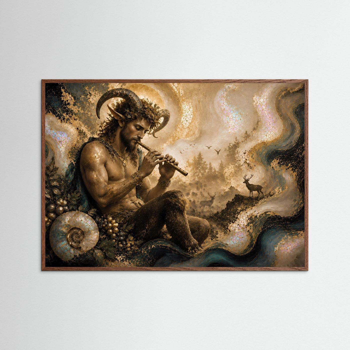 Pan mit Flöte im mystischen Wald | Griechische Mythologie Kunst in Gold & Perlmutt
