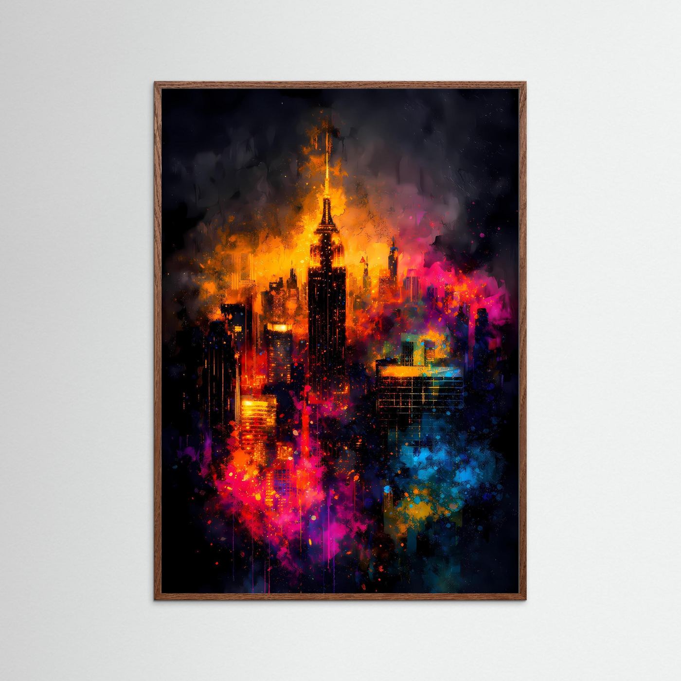 Lichter der Großstadt | Abstraktes New York Skyline Poster in leuchtenden Farben | Modernes Kunstposter Hochformat